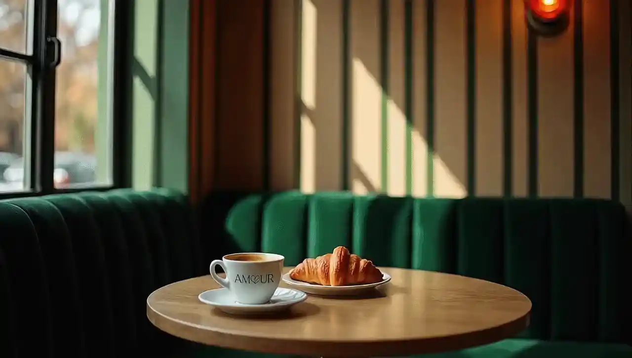 A marble table by the window at Amour Café