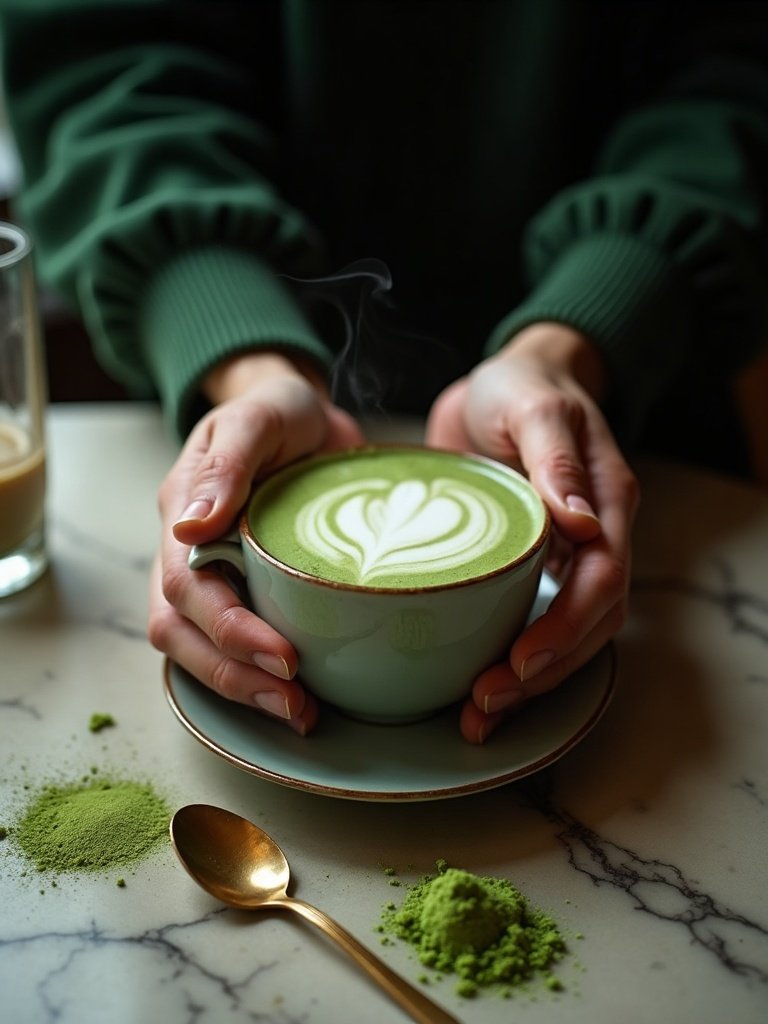 Matcha latte in hand
