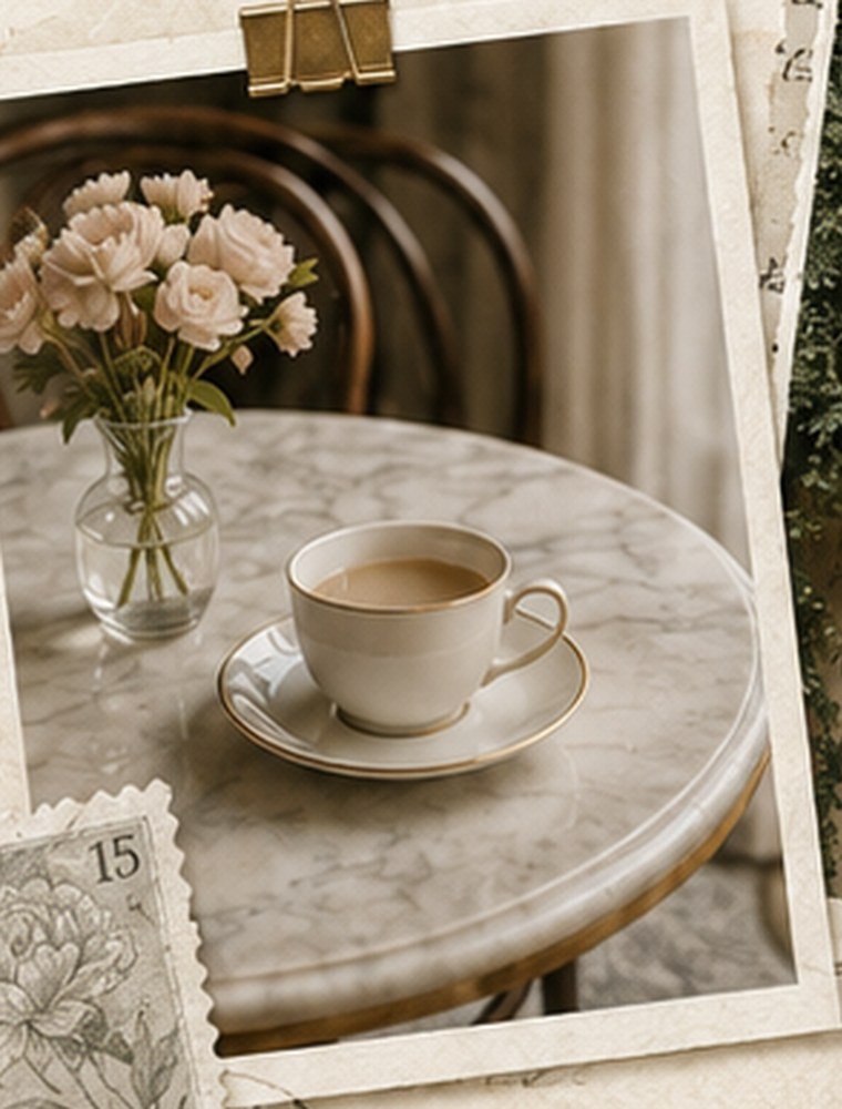 A café au lait on cool marble, peonies beside